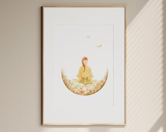 Girl Reading on Moon Art Print: Whimsical Bedroom Decor (Digital Download)