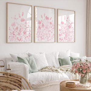 Blush Pink Floral Wall Art Set Of 3 Soft Pink Wildflower Watercolor Prints Girl Bedroom Decor Light Pink Baby Nursery Art Digital Download