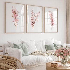 Cherry Blossom Wall Art Set Of 3 Sakura Watercolor Prints Light Pink Floral Posters Living Room Wall Art Girl Bedroom Decor Digital Download