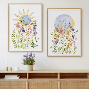 Impresiones de acuarela caprichosas de luna y sol para guardería, arte de pared para habitación de niña con flores silvestres, juego de 2 obras de arte celestial, carteles coloridos para niños descargables