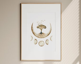 Moon Tree Of Life Wall Art, Printable Boho Moon Phases, Zen Artwork, Mystical Moon Cycle Poster, Yoga Room Decor, Digital Download