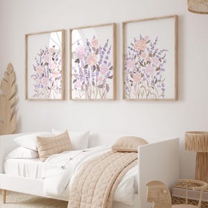 Pink and Purple Floral Nursery Art Set: Pastel Lavender Flower Prints for Girls Room (Digital Download)