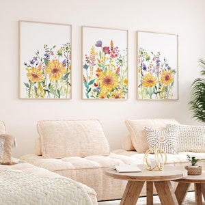 Conjunto de 3 arte de parede de girassóis, impressões florais coloridas em aquarela, arte de flores silvestres para impressão, download digital