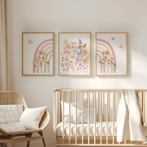 Boho Rainbow Wall Art Set Of 3 Wildflower Girl Nursery Prints Rainbow Baby Room Decor Boho Kids Room Artwork Digital Download