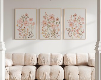 Floral Wall Art Set Of 3 Digital Prints, Printable Wildflower Watercolors