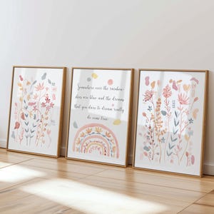 Boho Rainbow Nursery Prints: Watercolor Flowers, 'Somewhere Over the Rainbow' (Set of 3) (Digital Download)