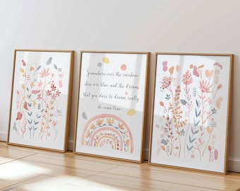 Boho Rainbow Wall Art for Little Girls Bedroom Decor Pastel Flowers Set of 3 for Baby Girl Nursery Prints Somewhere Over the Rainbow Quote