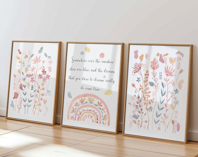 Boho Rainbow Wall Art Set of 3 Wildflower Girl Nursery Prints Rainbow ...