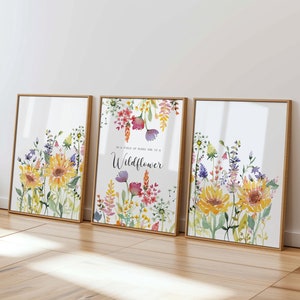 Baby Girl Nursery Sunflower Decor Bright Floral Girls Room Print Set Of 3 In A Field Of Roses She Is A Wildflower Sign Wall Art Downloadable