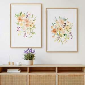 Druckbares Wandkunst-Set bestehend aus 2 Blumenwasserfarben, Boho-Wildblumenstraußdrucken, digitaler Download Kunstwerk