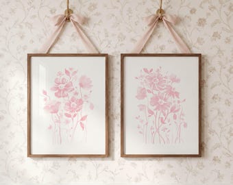 Láminas de acuarela de flores silvestres en rosa empolvado: Decoración para dormitorio infantil (Descarga digital)