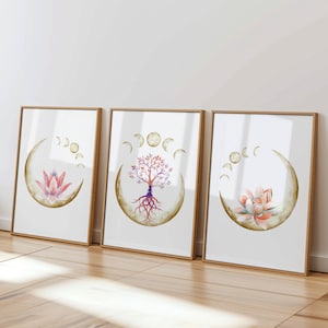 Spiritual Boho Moon Wall Art for Bedroom Set of 3 Zen Tree of Life and Lotus Flower Prints for Yoga Meditation Room Wellness Office Decor