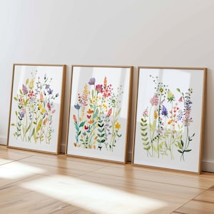 Flower Watercolor Paintings Wall Art Set Of 3 Floral Prints Digital Download Wildflower Artwork For Girl Bedroom Colorful Posters Gift