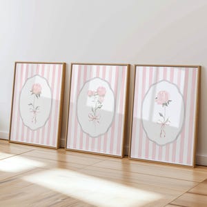 Pastel Pink Coquette Nursery Prints: Bow & Floral Wall Art (Set of 3) (Digital Download)