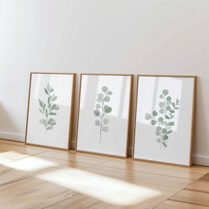 Eukalyptus-Aquarelldrucke, Salbeigrüne botanische Wandkunst-Set von 3, minimalistischer Pflanzendekor