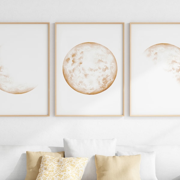 Neutraler Mond Wand Kunst 3er Set, Beige Boho Mond Phase Dekor, Celestial Prints, digitaler Download