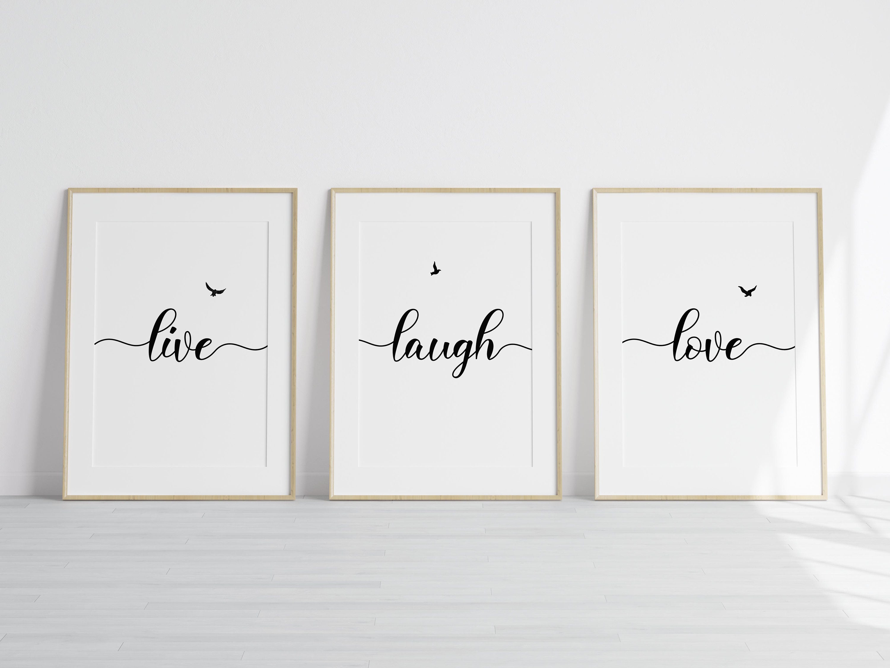 White Positive Live - Love Minimalist Room and Set Sign, Art Poster Quotes, Printable Etsy of 3, Black Living Typography Set, Wall Laugh