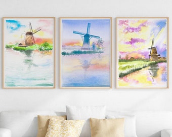 Windmill Watercolor, Netherlands Digital Print Set Of 3, Dutch Windmills Printable Art, Colorful Landscape Paintings For Instant Download