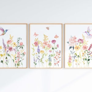 Hummingbirds With Wildflowers And Butterflies Wall Art Set Of 3, Printable Colorful Floral Watercolors, Digital Download