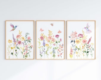 Hummingbirds With Wildflowers And Butterflies Wall Art Set Of 3, Printable Colorful Floral Watercolors, Digital Download