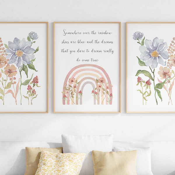 Somewhere Over The Rainbow Nursery Wall Art Set van 3, Boho Rainbow Met Wildflowers Prints, Baby Girl Room Decor, Digitale Download