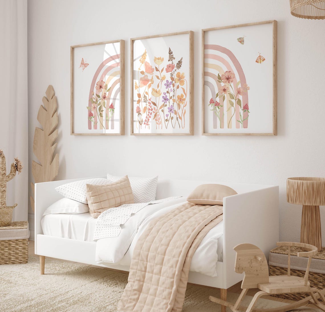 Boho Rainbow Wall Art Set of 3 Wildflower Girl Nursery Prints Rainbow ...