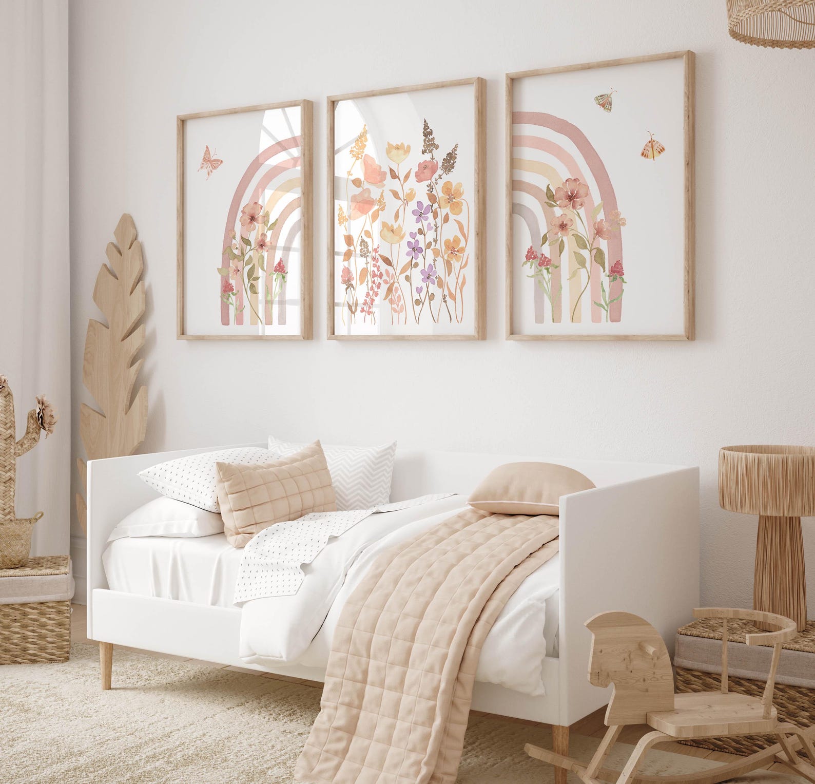 Boho Rainbow Wall Art Set of 3 Wildflower Girl Nursery Prints Rainbow ...