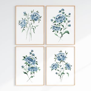 Navy Blue Flower Wall Art Set Of 4, Digital Download, Botanical Gallery Wall, Peony Watercolor Prints