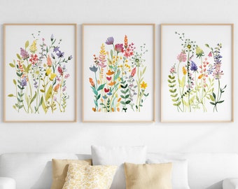 Bunte Wildblumen Kunst 3er Set, Helle Blumendrucke, digitaler Download, druckbare Blumen Aquarelle