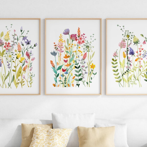 Colorful Wildflower Art Set Of 3, Bright Floral Prints, Digital Download, Printable Flower Watercolors