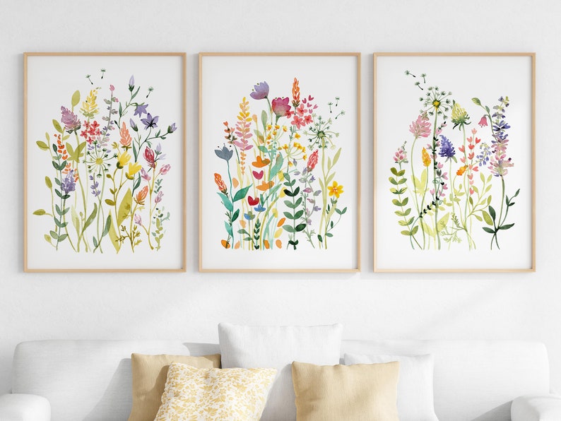 Colorful Wildflower Art Set Of 3, Bright Floral Prints, Digital Download, Printable Flower Watercolors 