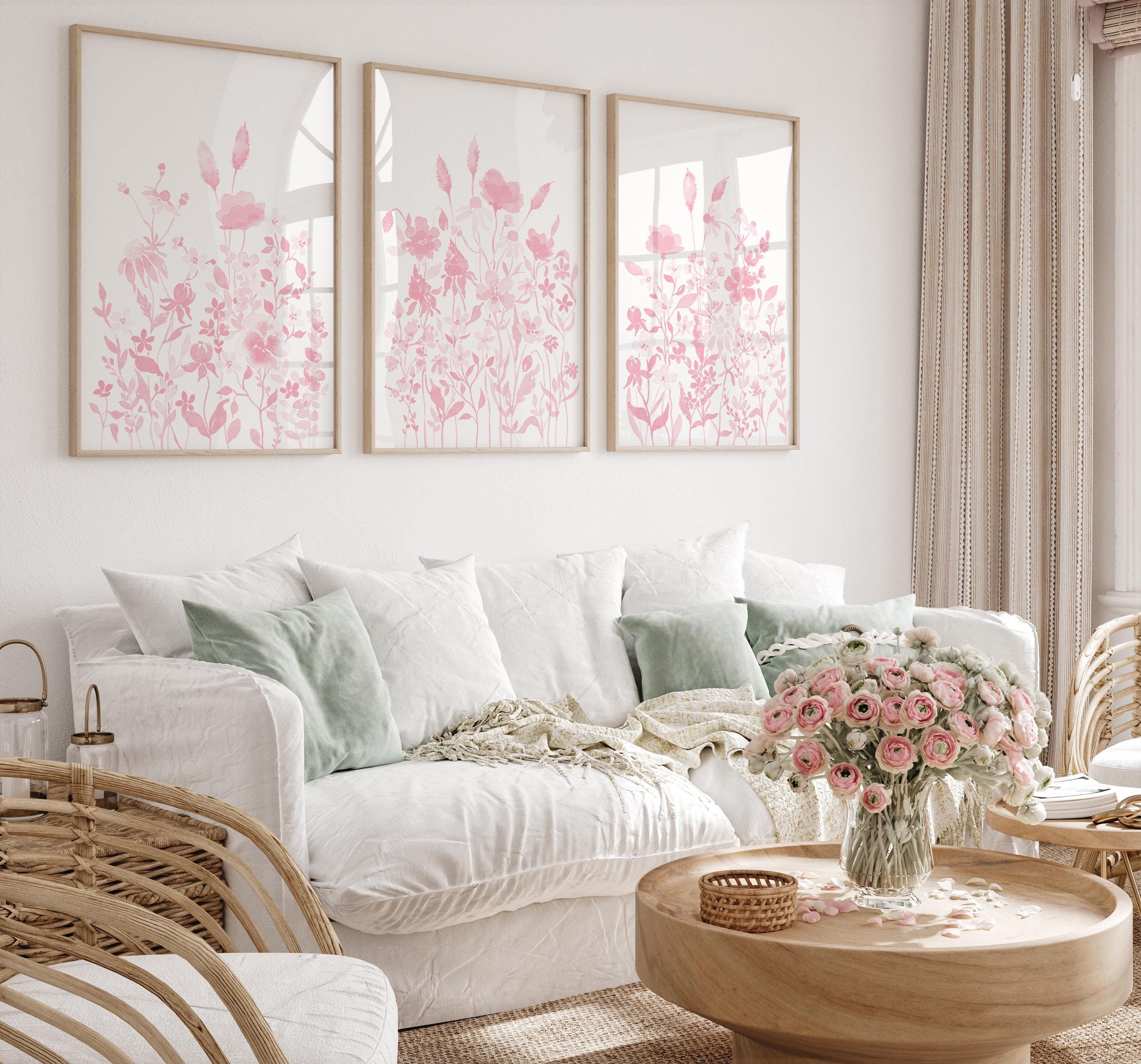 Blush Pink Floral Wall Art Set Of 3 Soft Pink Wildflower Watercolor Prints Girl Bedroom Decor Light Pink Baby Nursery Art Digital Download