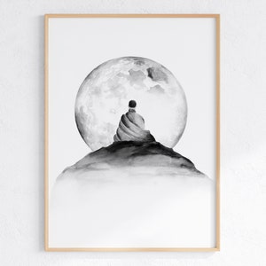 Arte de meditação de Buda, decoração de parede de sala de ioga, impressão de lua mística, pôster espiritual, arte de parede zen, download digital