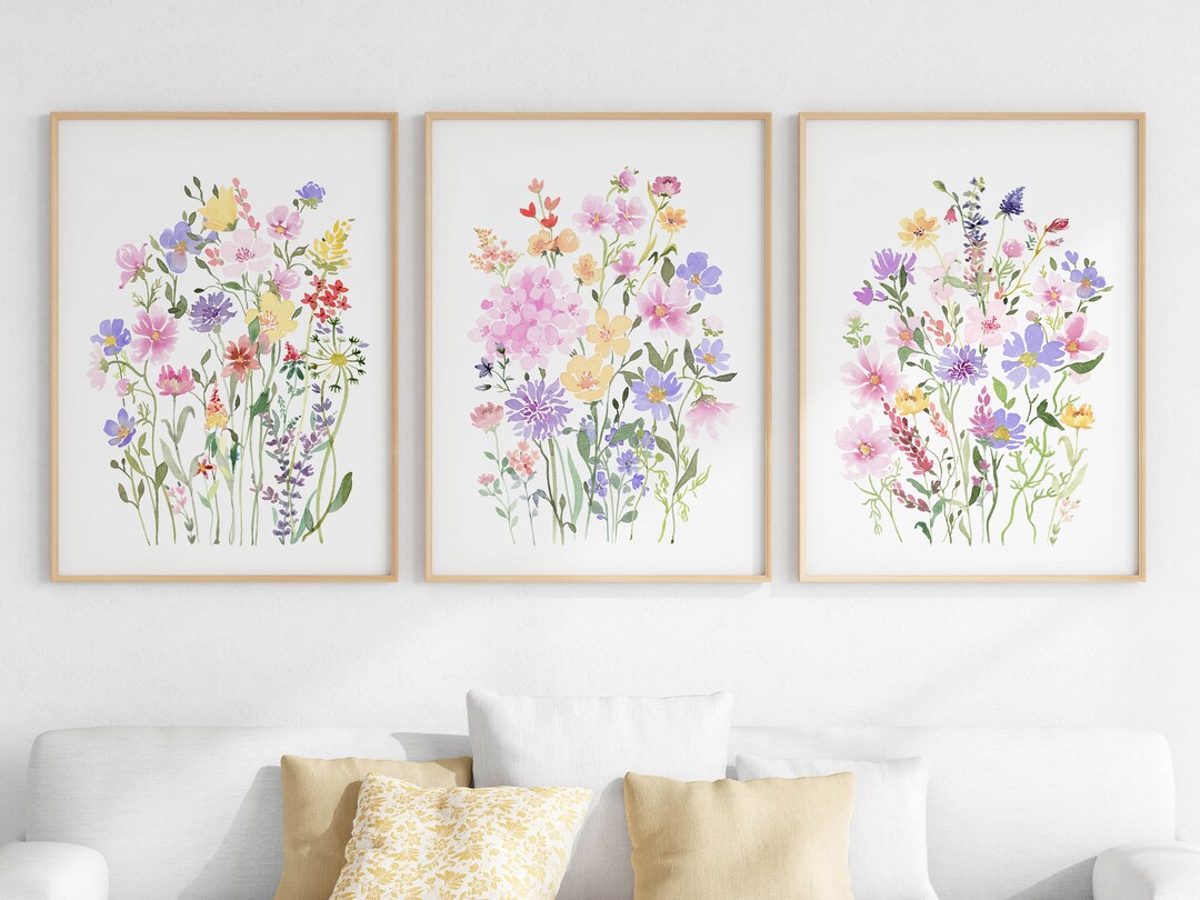 Colorful Flower Wall Art Set of 3, Printable Wildflower Watercolor ...