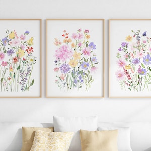 Bunte Blumen Wand Kunst 3er-Set, druckbare Wildblumen Aquarell Drucke, digitaler Download Kunst