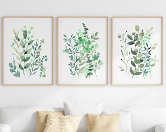 Botanical Wall Art Set Of 3, Green Leaf Watercolor Prints, Modern Plant Poster Printable, Digital Download