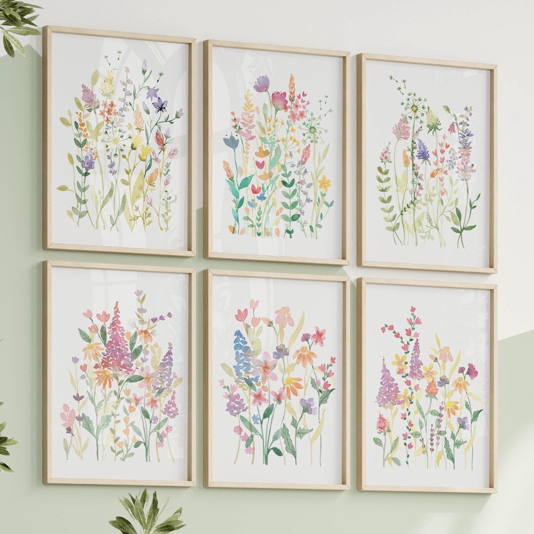 Wildflower Watercolor Prints, Set of 6, Floral Nursery Decor (digital ...