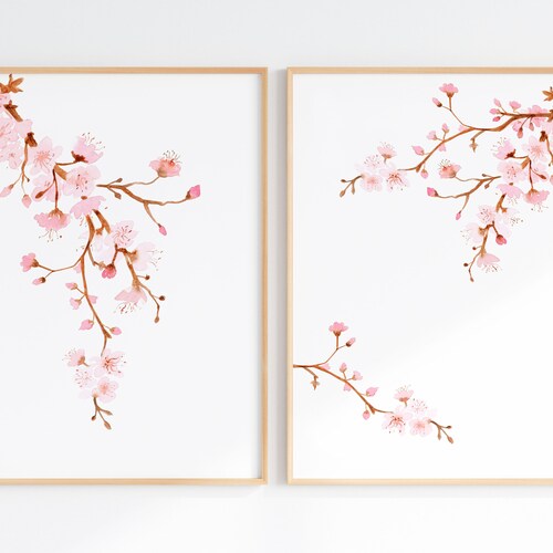 Cherry Blossom Print Set of 2 Minimalist Floral Wall Art Etsy