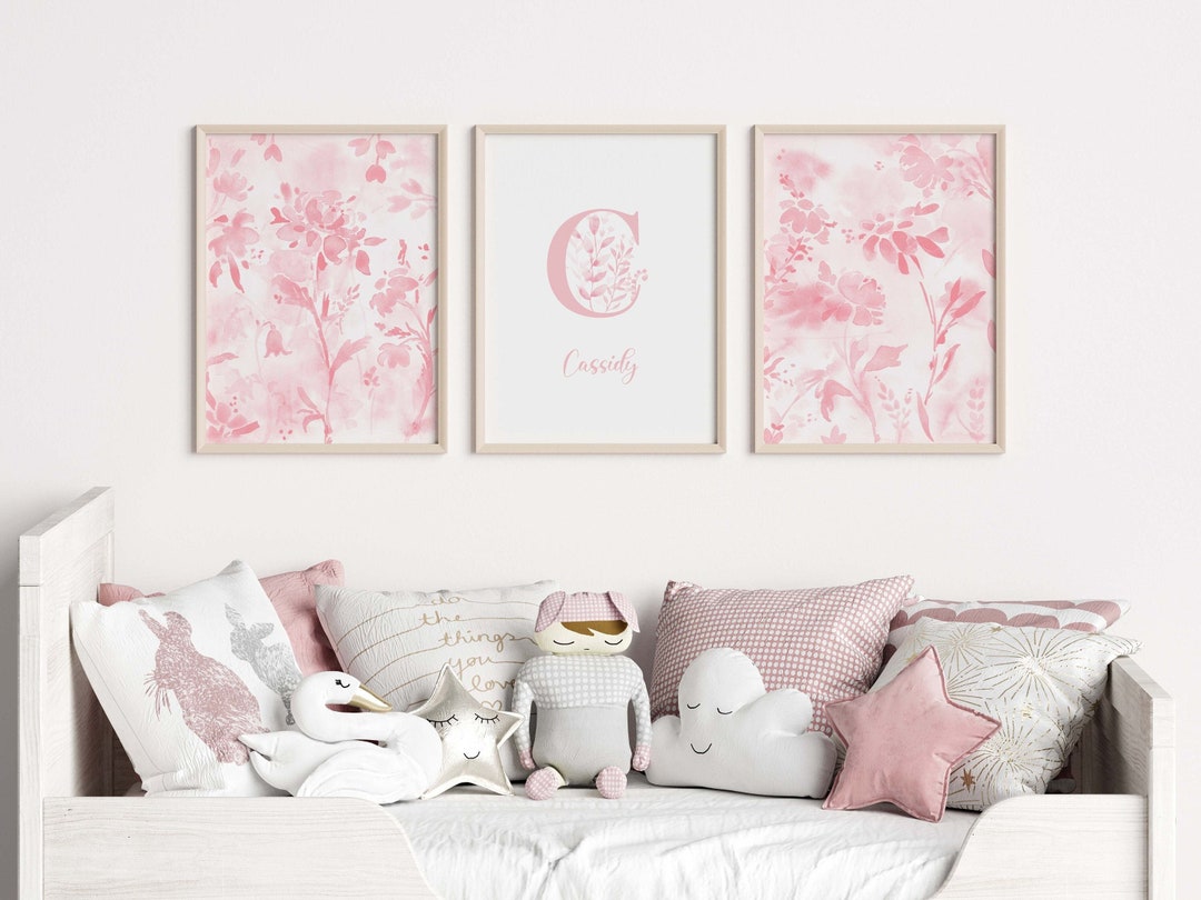 Blush Pink Floral Nursery Wall Art, Personalized Set of 3 Baby Girl ...