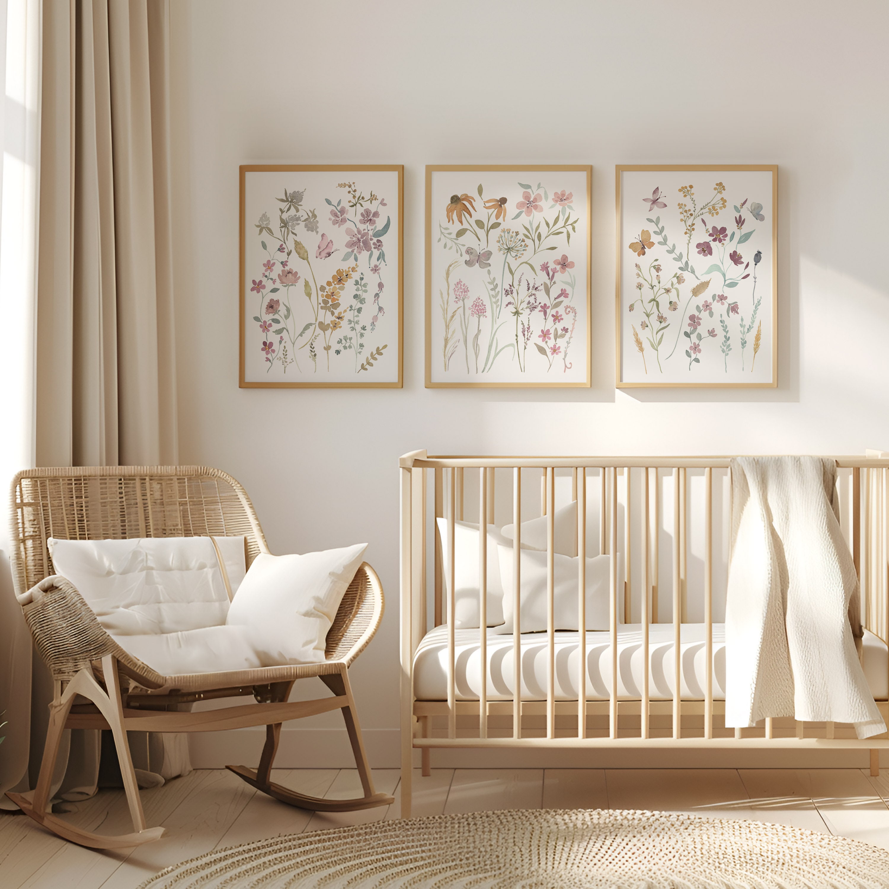 Boho Wildflower Watercolor Prints Neutral Nursery Wall Art Set of 3 for ...