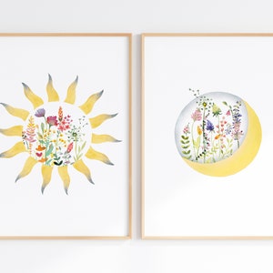Colorful Sun And Moon With Wildflowers Watercolor, Wall Art Set Of 2 Digital Prints, Kids Room Decor