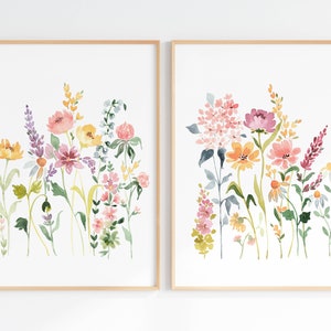 Printable Floral Wall Art Set Of 2, Colorful Wildflower Watercolor Prints, Digital Download