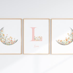 Conjunto de arte floral de la fase lunar de 3 para guardería de niña, Nombre del bebé imprimible, Letra inicial, Acuarela celestial, Descarga instantánea
