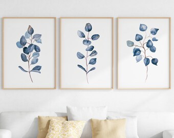 Navy Blue Botanical Prints Downloadable, Eucalyptus Watercolor Printable Wall Art
