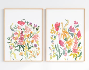 Acquerelli di fiori colorati, stampe floreali luminose, set di arte della parete di fiori selvatici di 2, download digitale