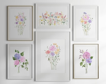 Flower Watercolor Wall Art Set Of 6 Prints, Colorful Floral Gallery Wall Set, Digital Download Posters