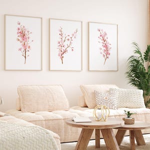 May include: Three framed watercolor paintings of pink cherry blossoms on a white background. The paintings are hung on a white wall above a light beige sofa with pillows.