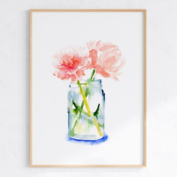 Peony Bouquet Art Printable, Blush Pink Floral Wall Art, Flower Watercolor Artwork, Digital Download