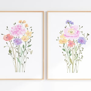 Wildflower Wall Art Set Of 2, Printable Floral Watercolor Prints, Digital Download Flower Artwork