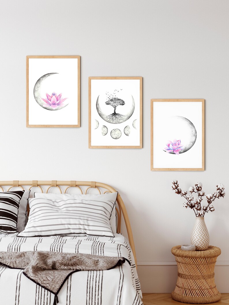 Bedroom Wall Decor Yoga Wall Decor Celestial Watercolor Moon Phases Printable Wall Art Boho Moon With Lotus Flowers Tree Of Life Art